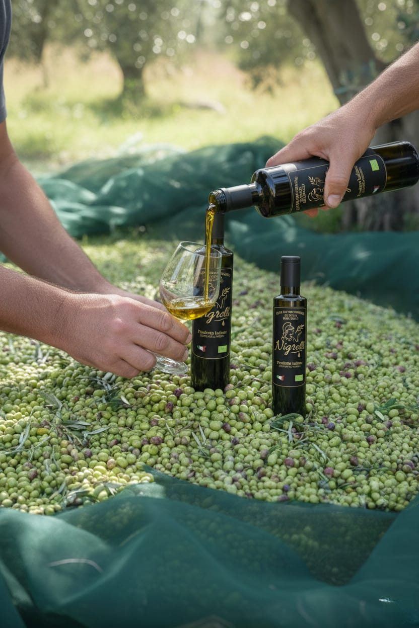 Olio nuovo versato durante la raccolta delle olive