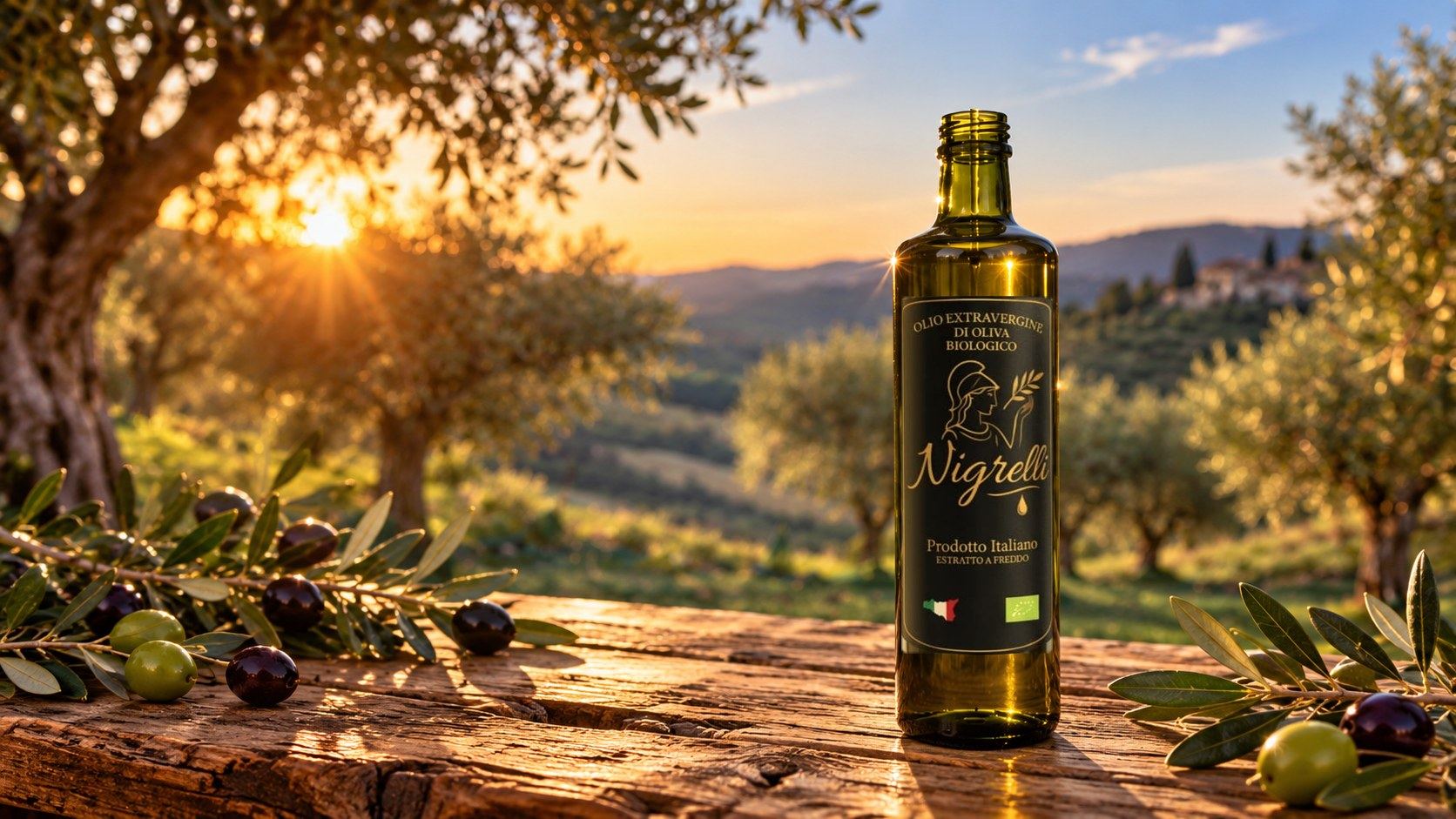 Bottiglia di olio Nigrelli sul tavolo nell'uliveto al tramonto